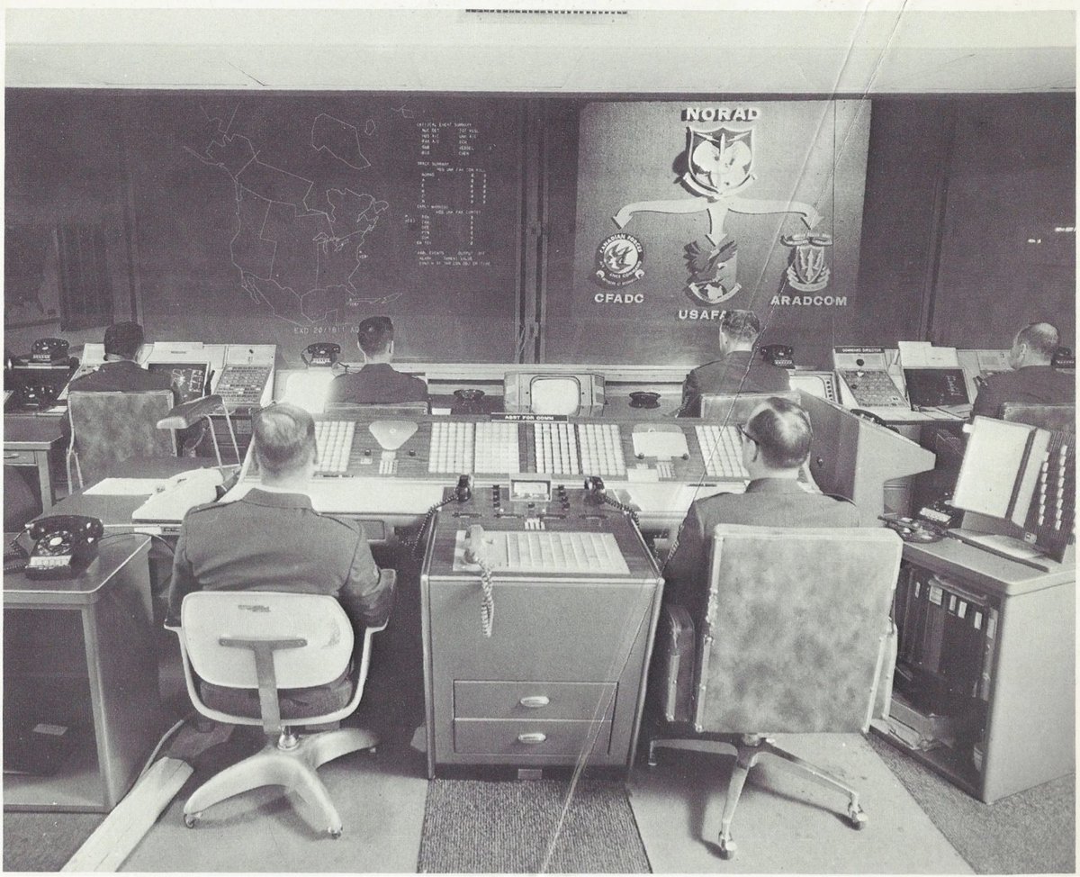 NORAD control room, with many panels, displays, and buttons