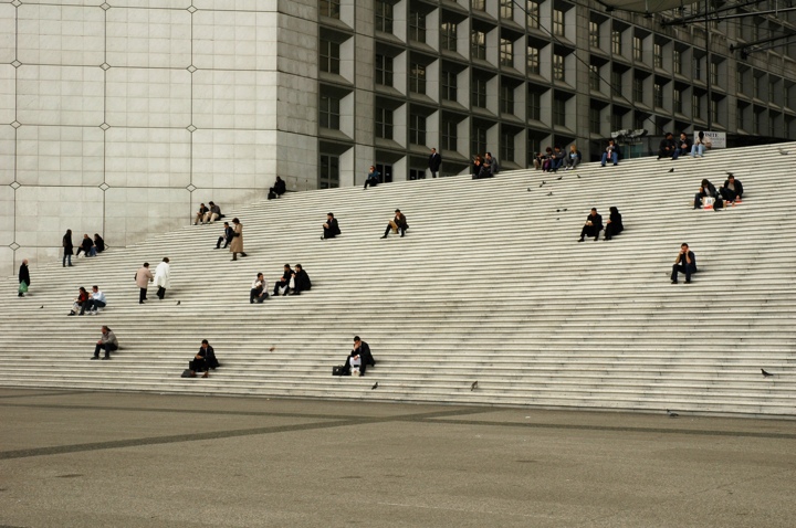 Lunchtime on the steps of La Grande Arche de la Defense