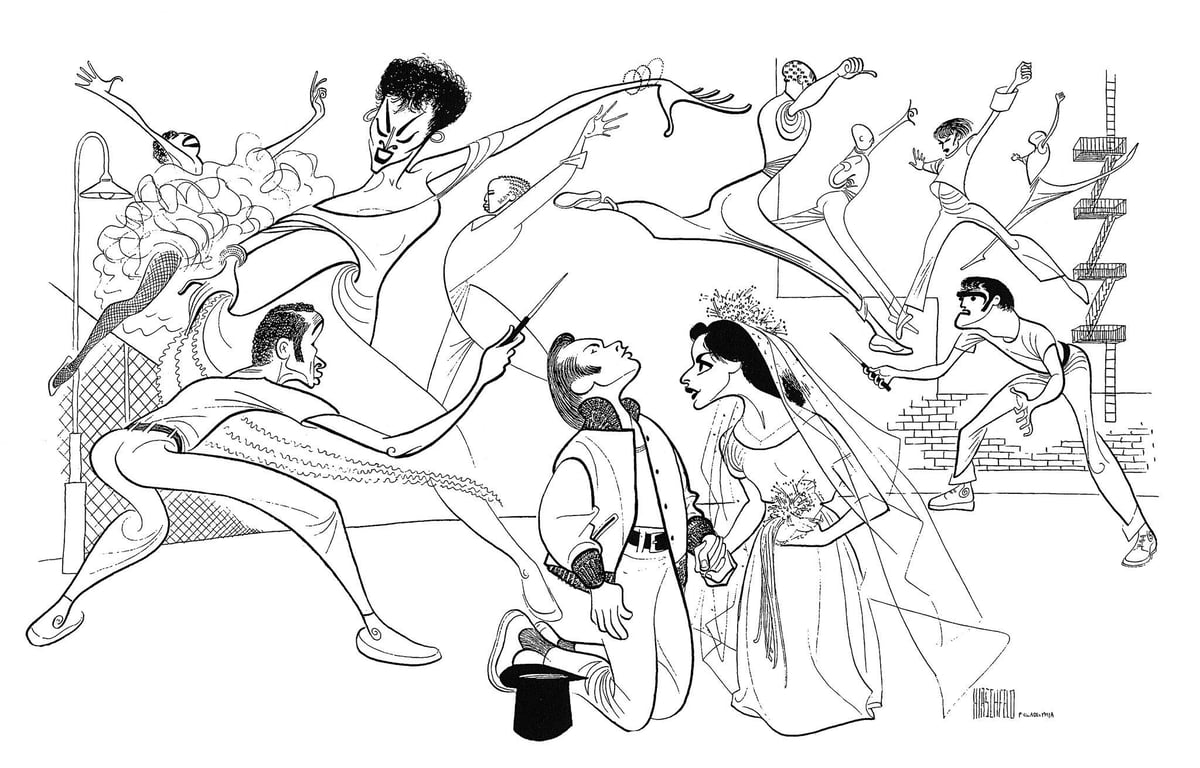 Hirschfeld's caricature of a moment in West Side Story
