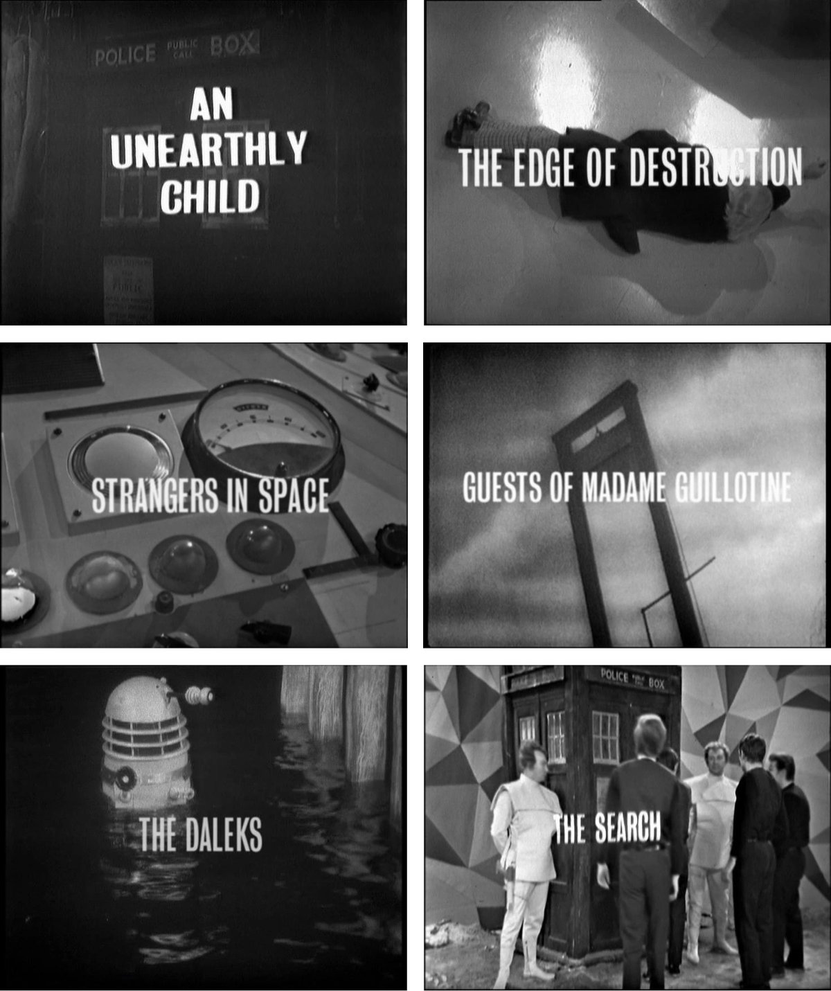 several title cards from various seasons of Dr Who