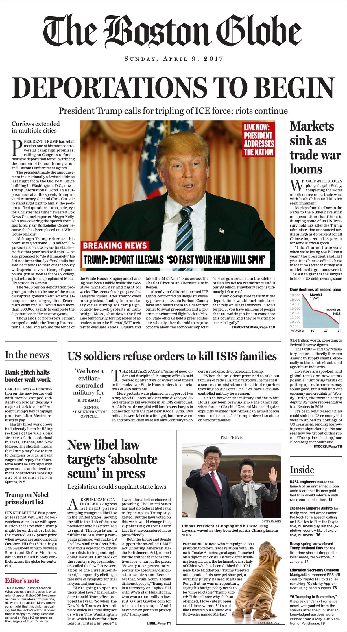 the imagined front page of the Boston Globe