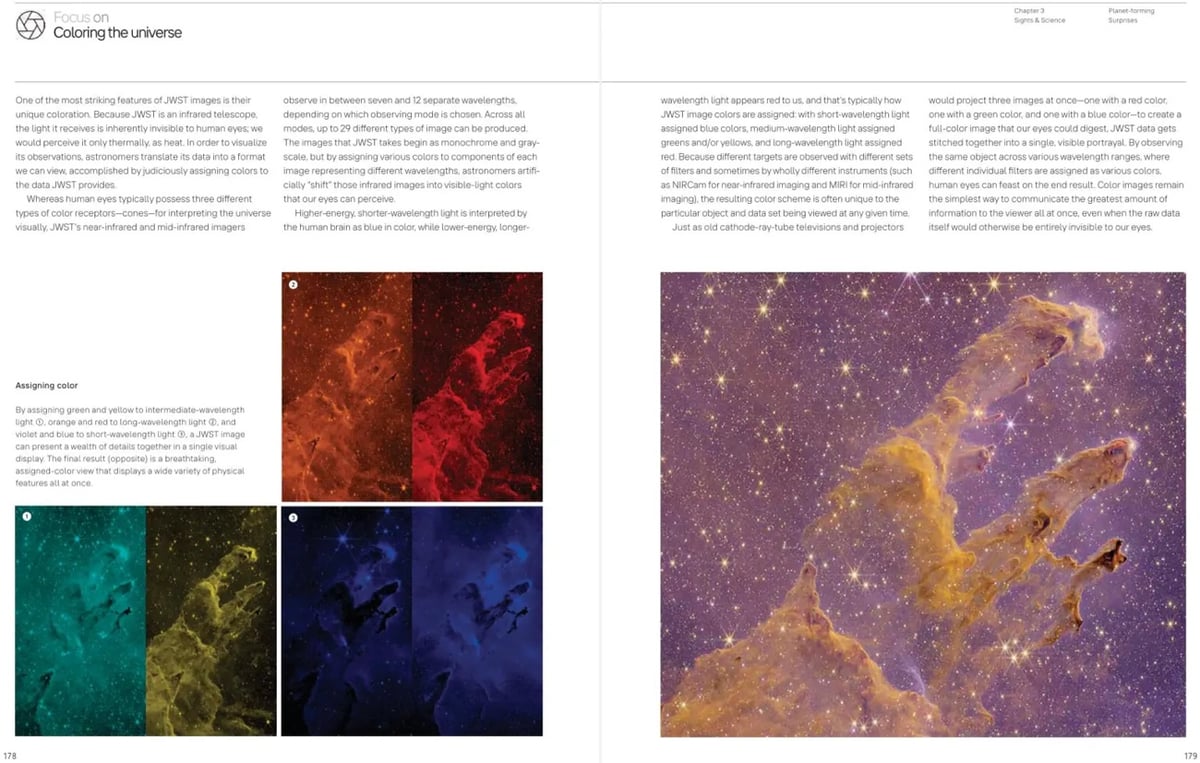 page spread of Infinite Cosmos showing how JWST images are colored