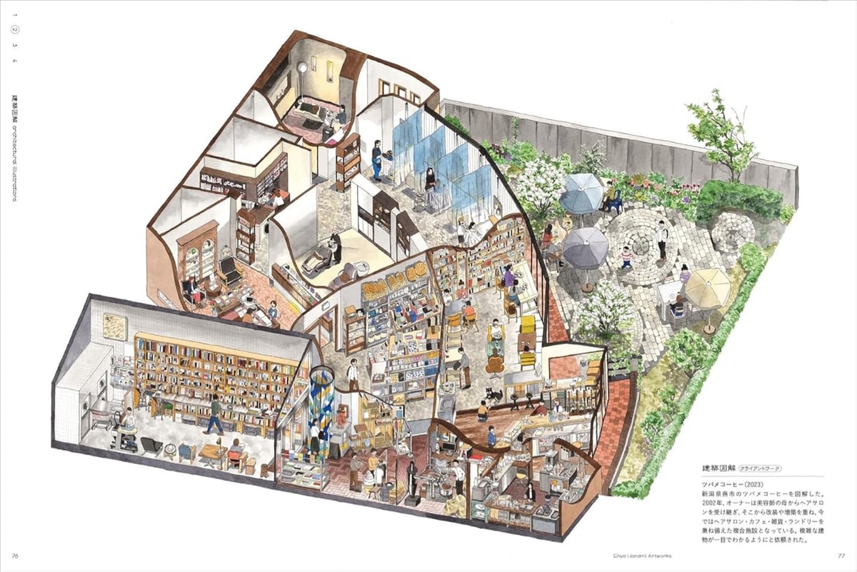 isometric cutaway drawing of a Japanese multi-use establishment