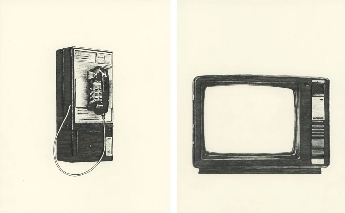 black & white illustrations of a payphone and a TV