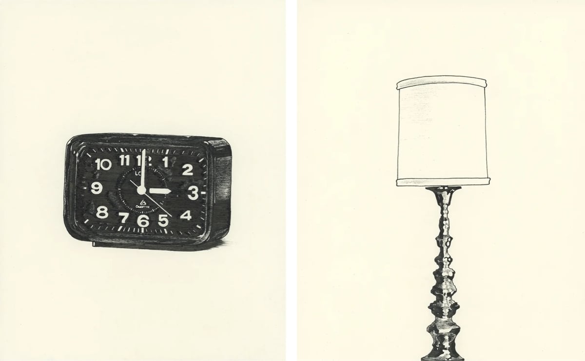 black & white illustrations of an alarm clock and a lamp