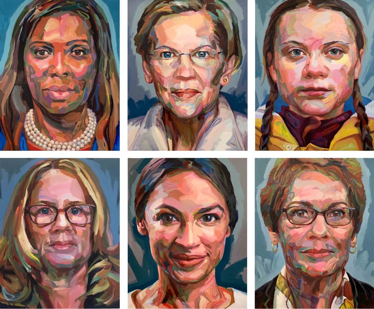 paintings of Letitia James, Elizabeth Warren, Greta Thunberg, Christine Blasey Ford, Alexandria Ocasio-Cortez, and Marie Yovanovitch