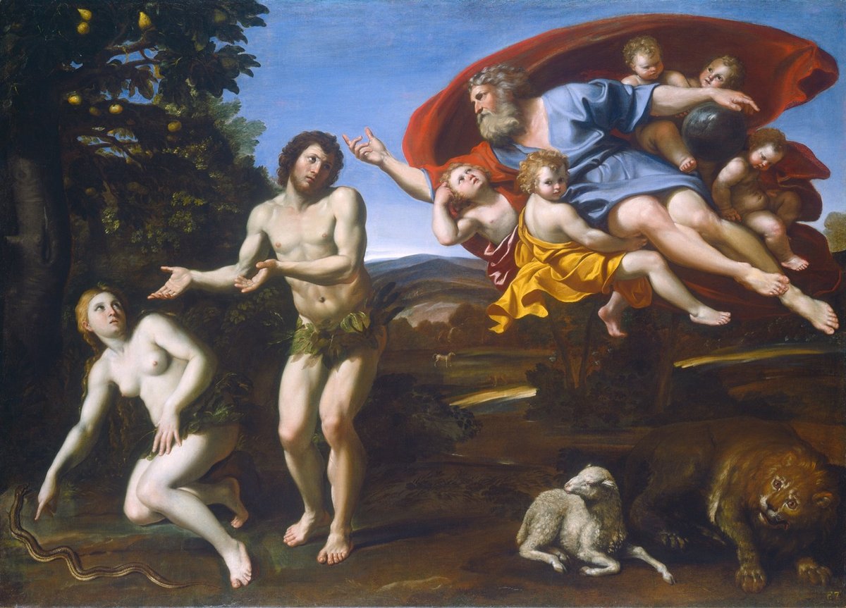 a painting of God rebuking Adam for tasting the apple and Adam in turn blaming Eve who in turn blames the snake