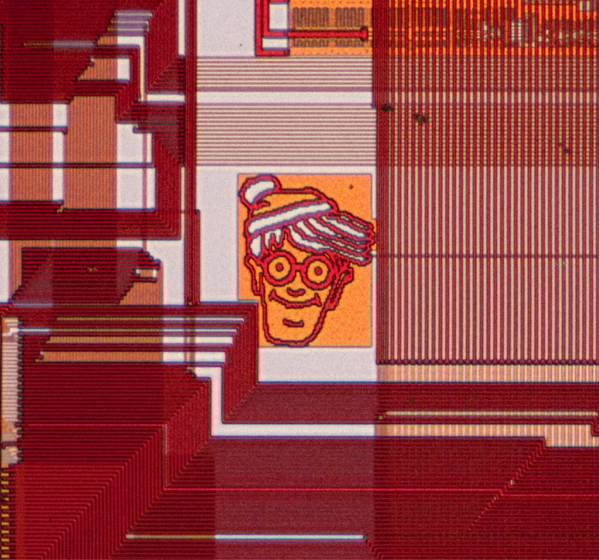 an image of Waldo from Where's Waldo etched on a microchip