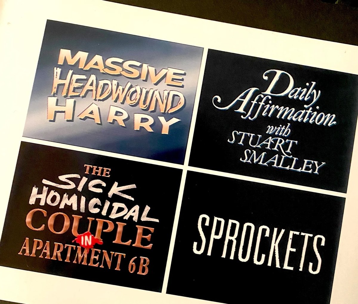 logos for some SNL skits called Massive Headwound Harry, Daily Affirmations with Stuart Smalley, and Sprockets