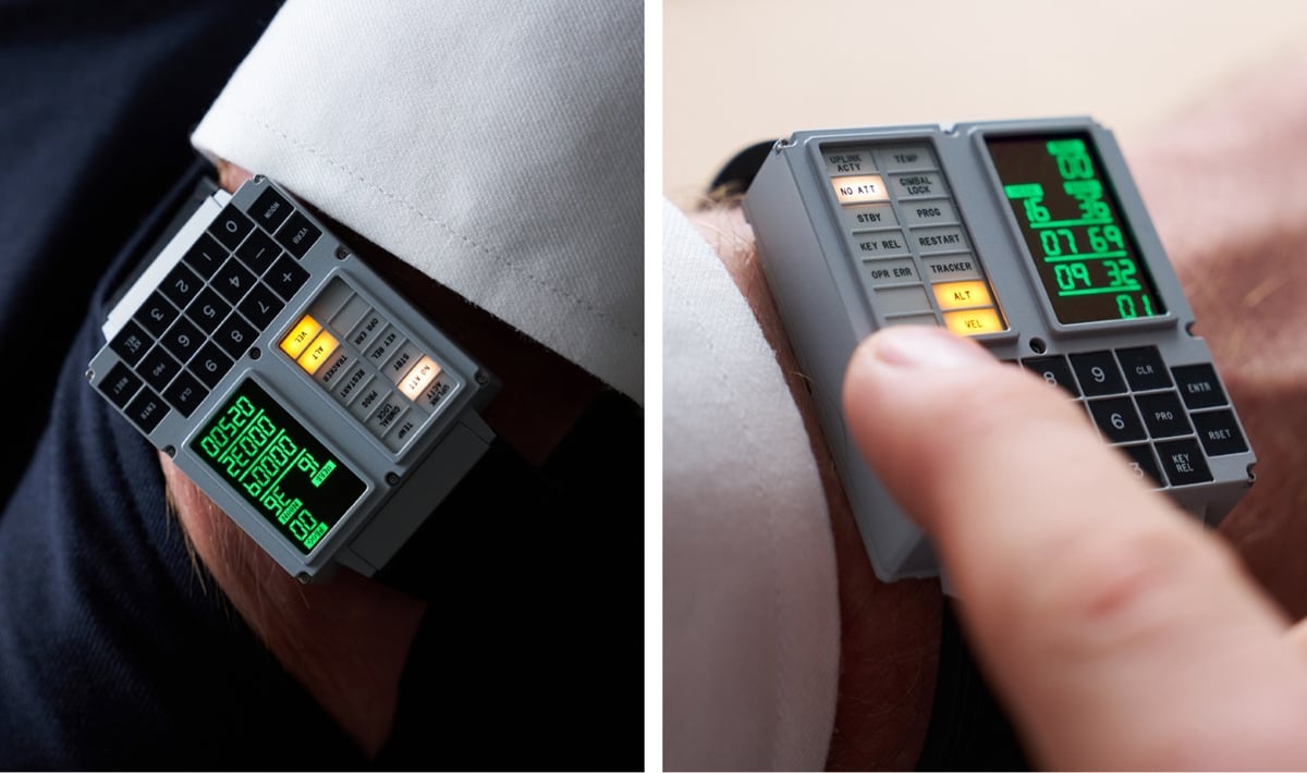 two photographs of people wearing a wristwatch that resembles an Apollo Guidance Computer