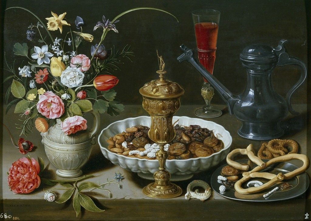 Clara Peeters, Still Life with Flowers, Goblet, Dried Fruit, and Pretzels, 1611