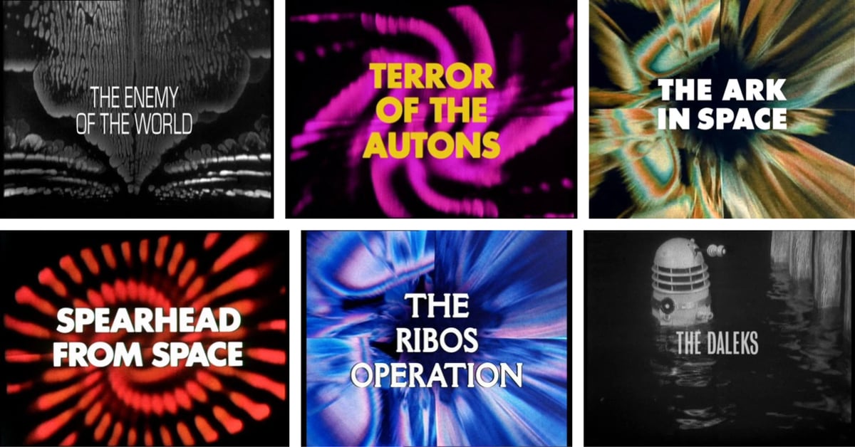 several title cards from various seasons of Dr Who