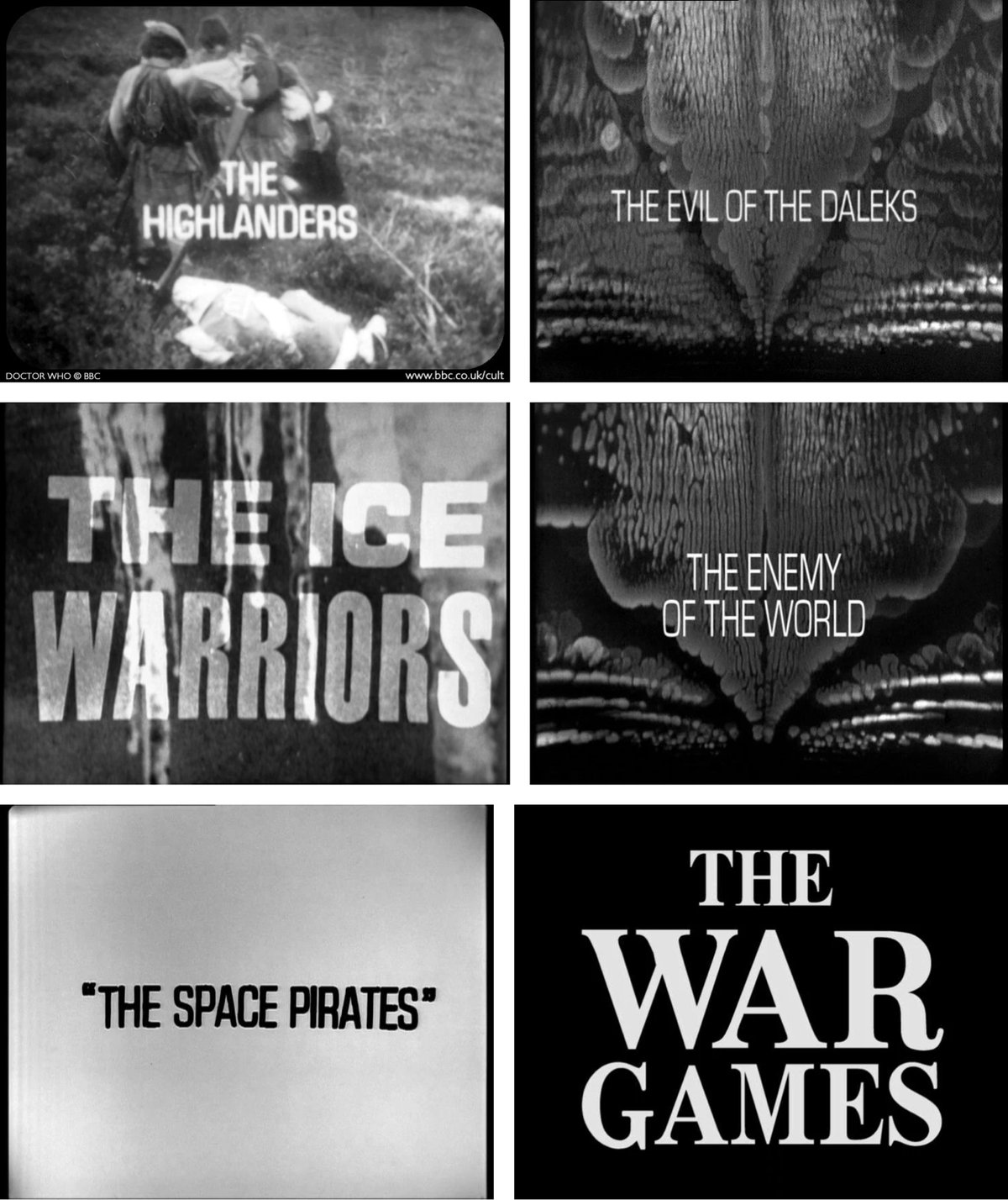 several title cards from various seasons of Dr Who