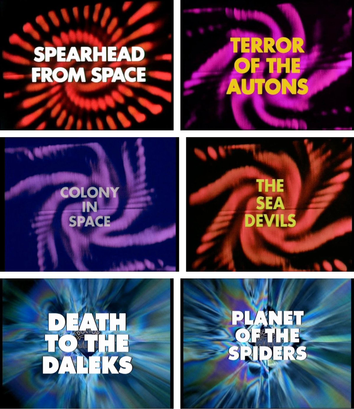 several title cards from various seasons of Dr Who