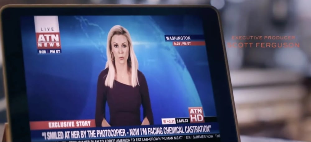screenshot from Succession showing an ATN News anchor reading the news