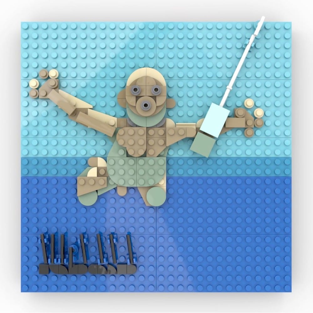 album cover for Nirvana's Nevermind built with Lego bricks