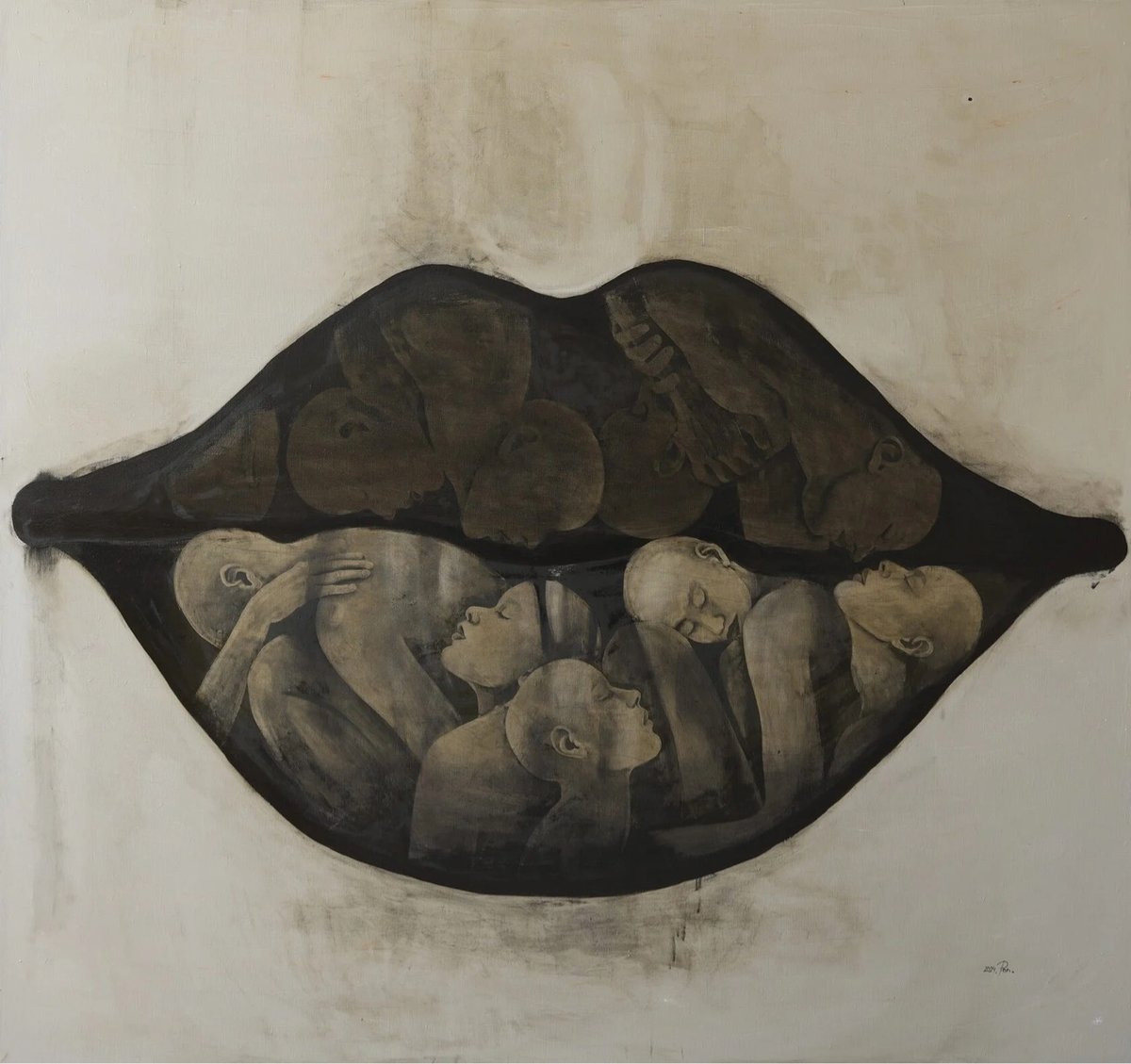 painting of lips with human figures inside it