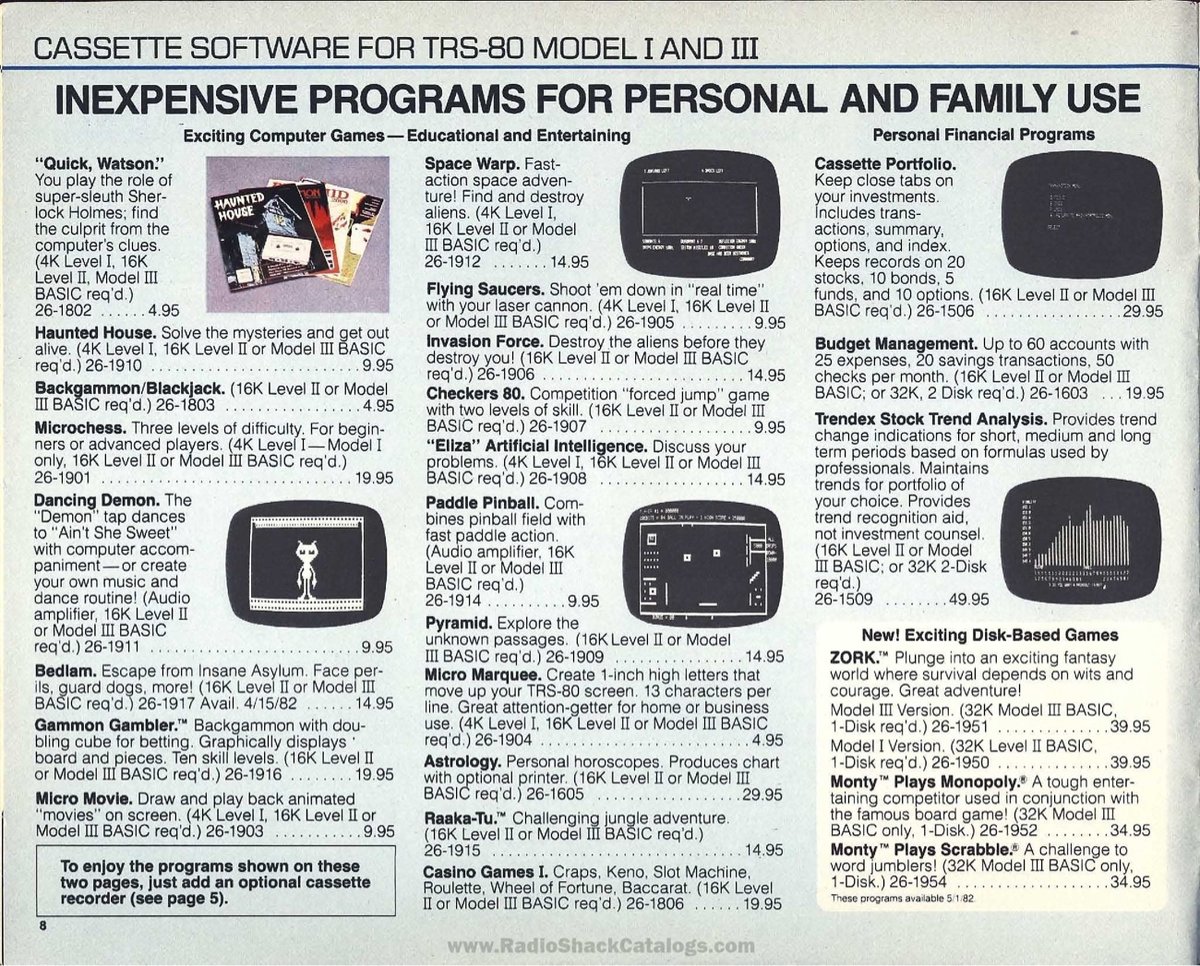 interior of a Radio Shack catalog from the early 80s showing a listing of computer games