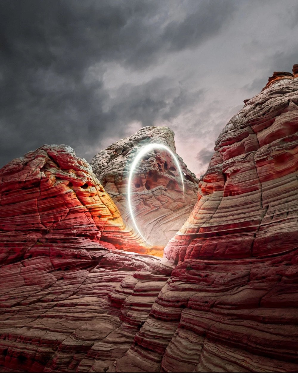 a disk of light illuminates a layered desert landscape