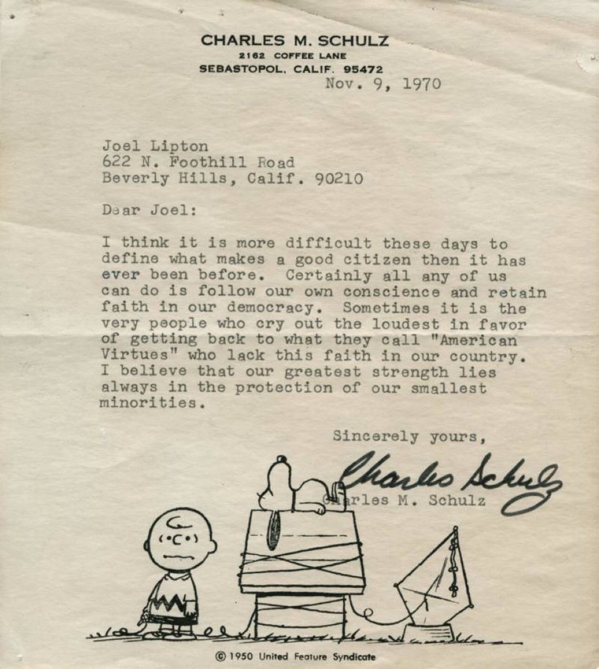 a letter written by Charles Schulz; text is below