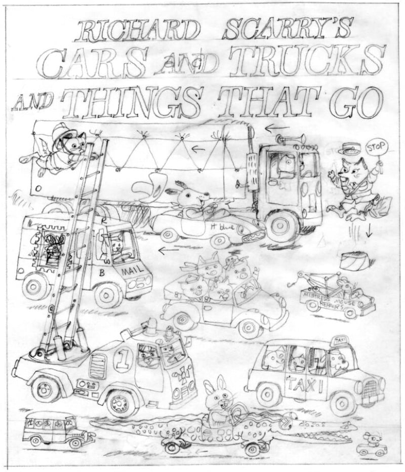 the orignal cover sketch for Richard Scarry's Cars and Trucks and Things That Go