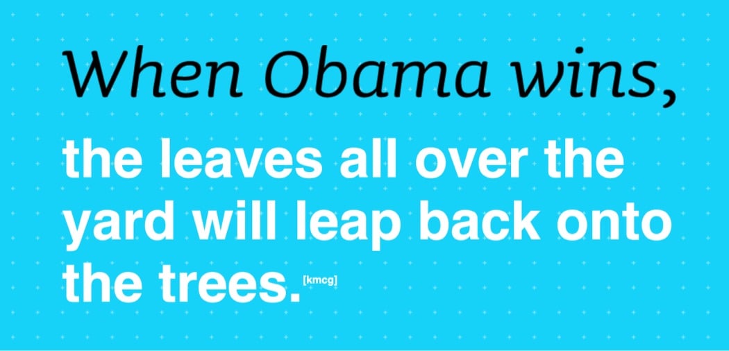 screenshot that reads 'When Obama wins, the leaves all over the yard will leap back onto the trees'