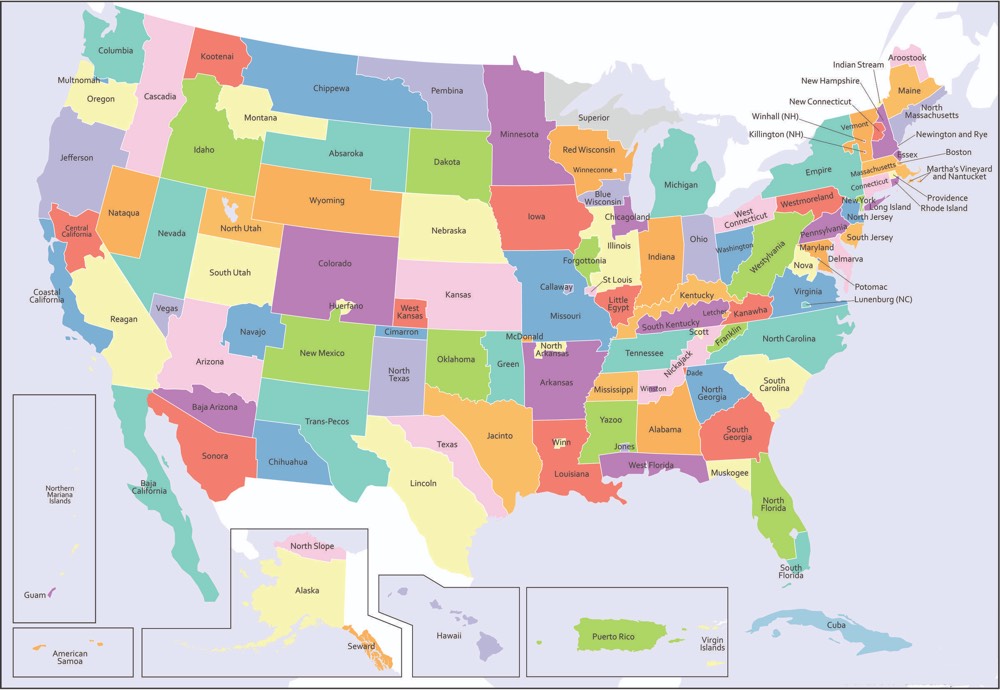 map showing the USA with 124 states