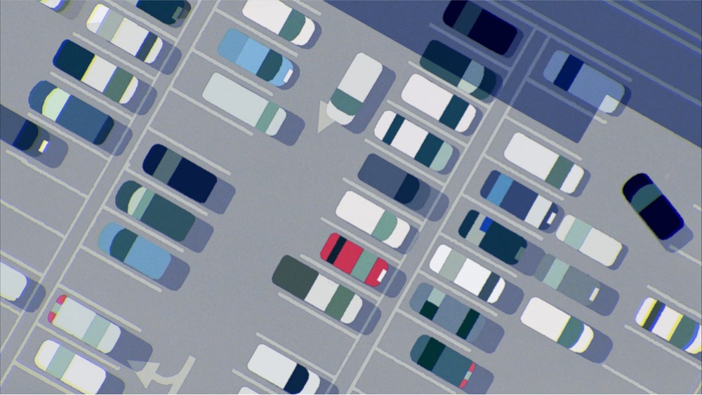overhead shot of an animated parking lot
