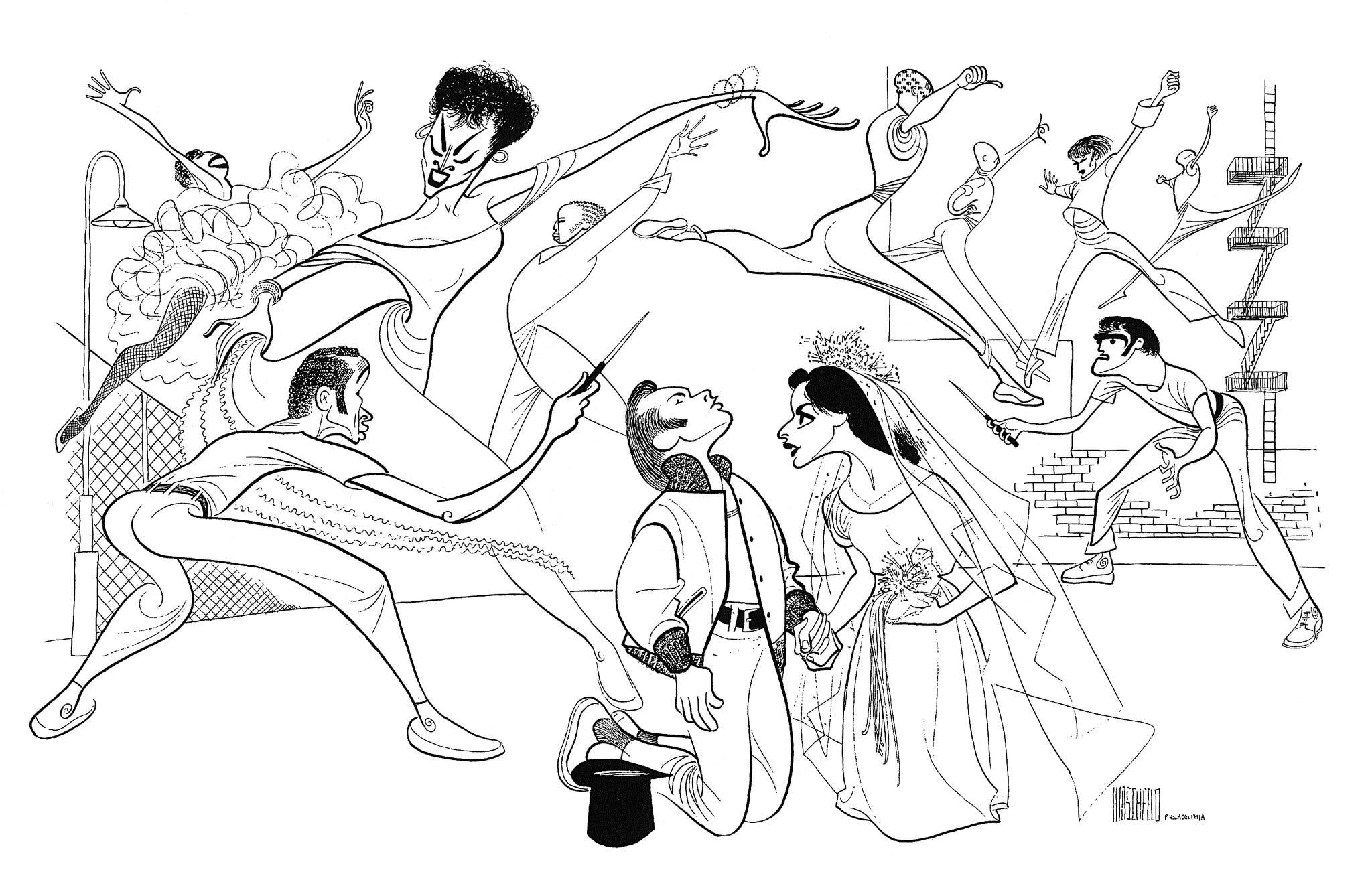 Hirschfeld's caricature of a moment in West Side Story