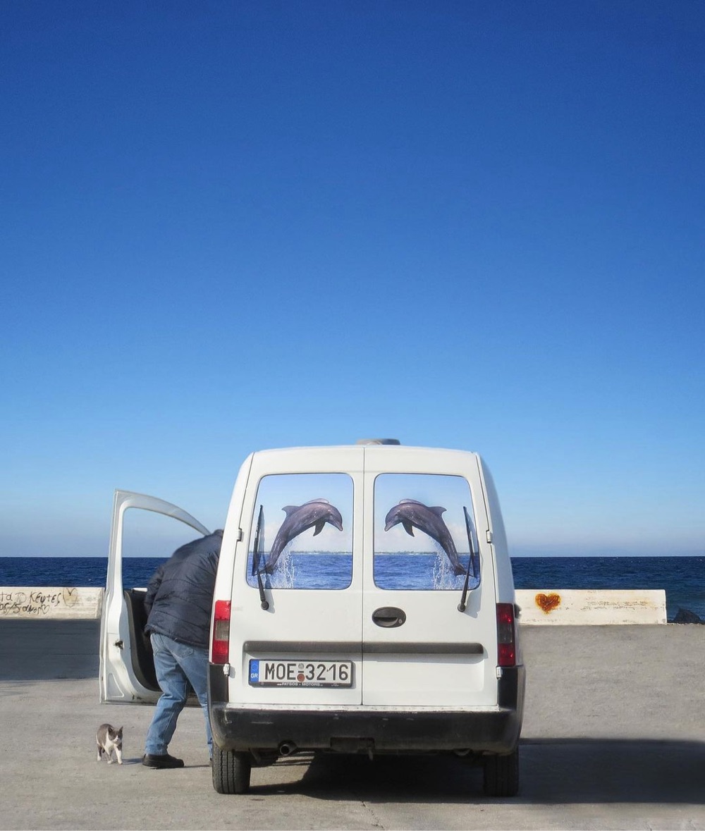 a truck with two dolphins on the back is parked next to the ocean in such a way where it looks like the dolphins are leaping out of the actual water