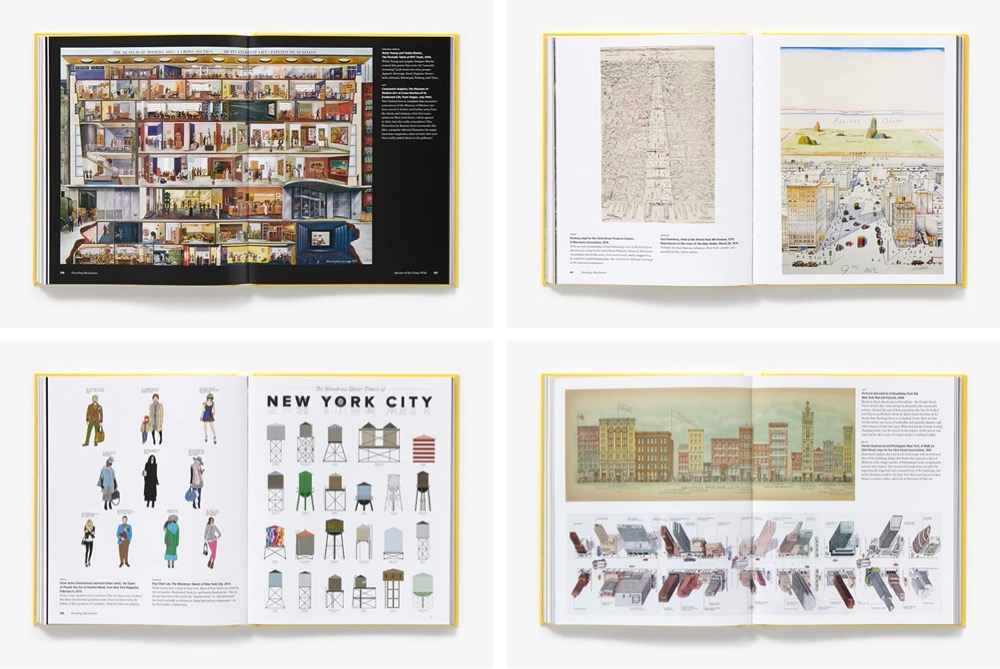 pages of a book called Decoding Manhattan with maps, charts, and other graphic representations of the city