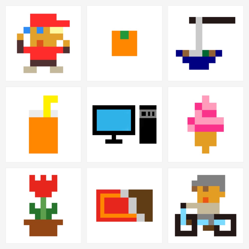 abstract pixel art of people, food, and objects