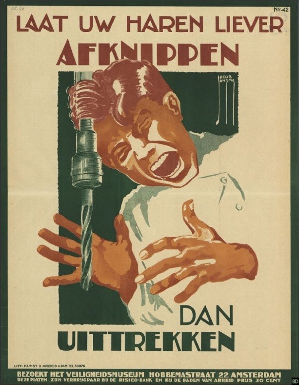 vintage Dutch safety poster showing someone getting their hair caught in a drill