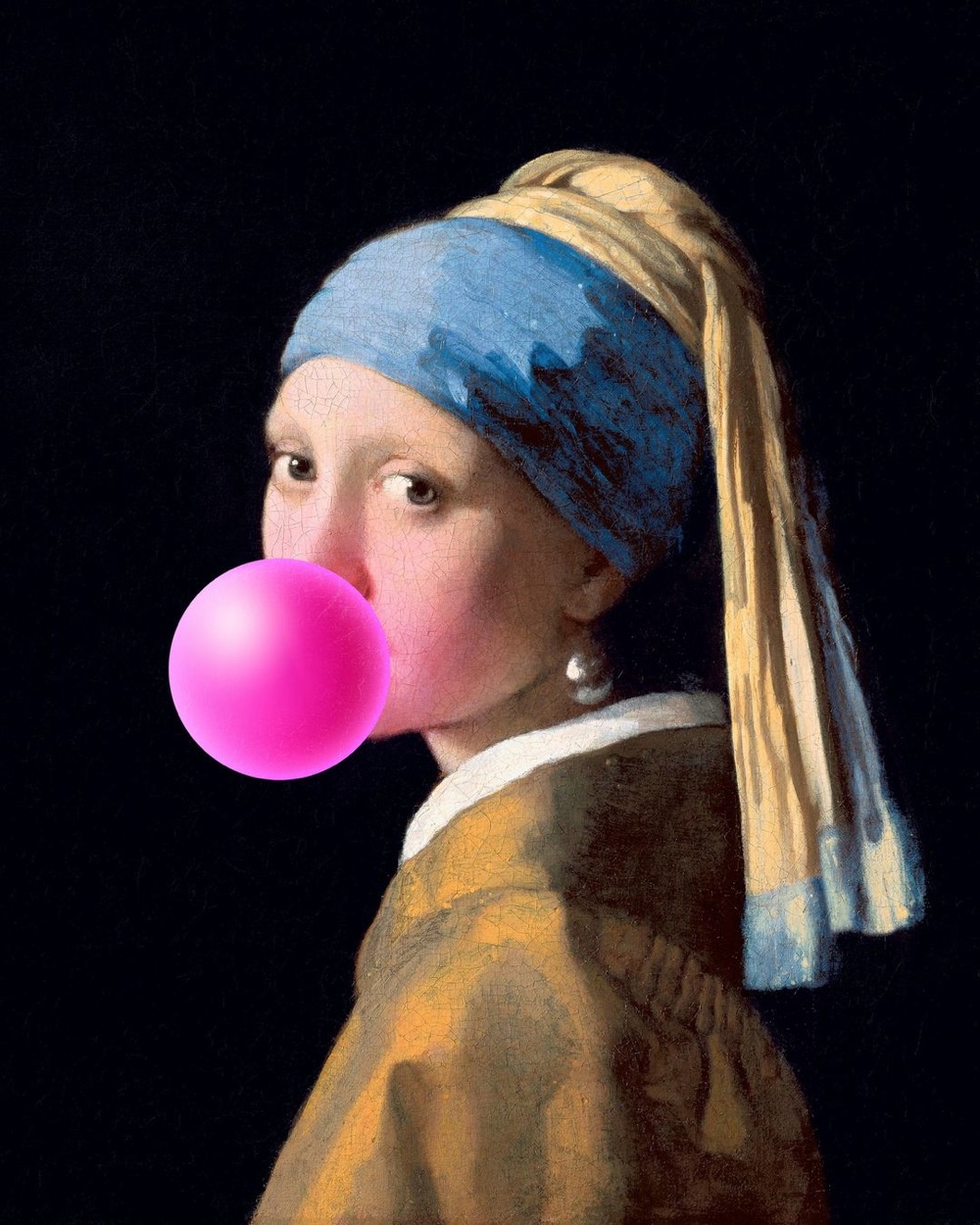remix of Girl With a Pearl Earring blowing a bubble
