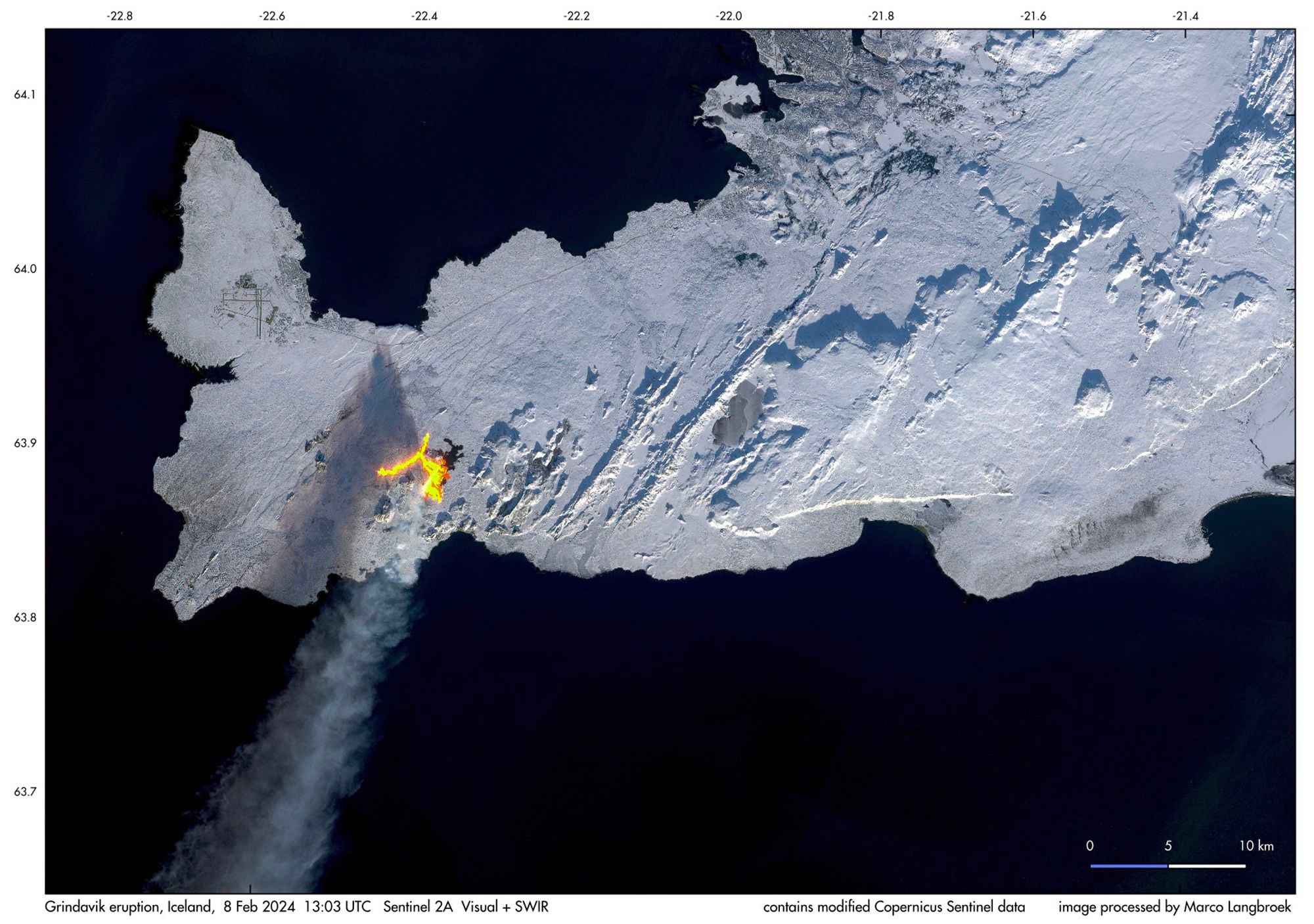 satellite image of a volcanic eruption on Iceland's Reykjanes Peninsula