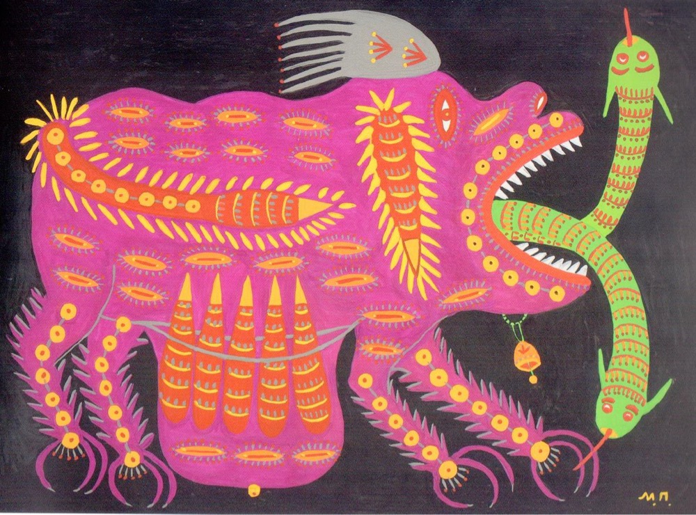 painting of a pink beast with two snakes coming out of its mouth by Maria Prymachenko