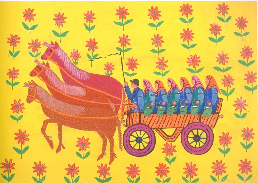 painting of some women in an ox cart by Maria Prymachenko