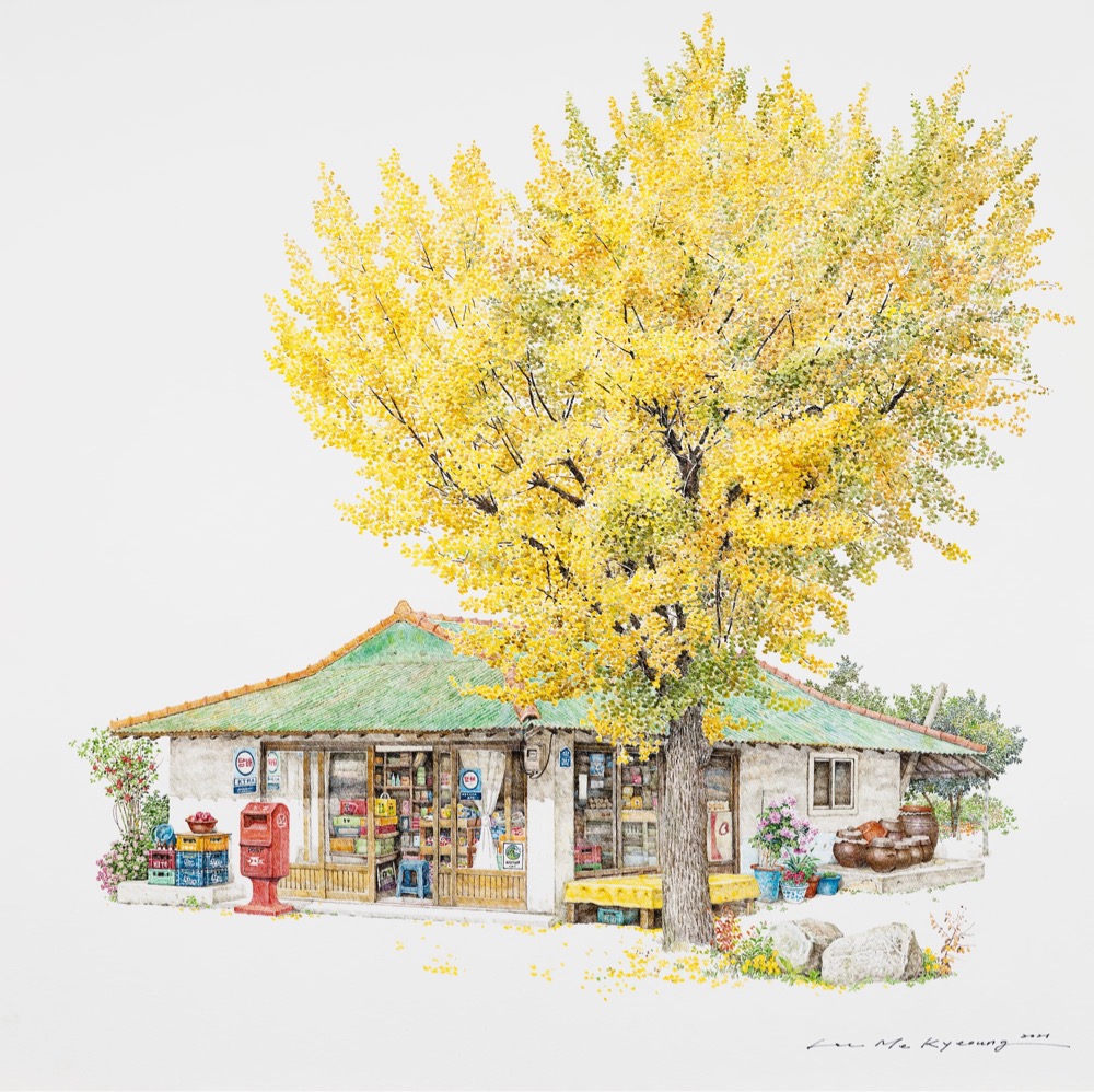 illustration of a Korean convenience store with a tree with yellow leaves outside of it