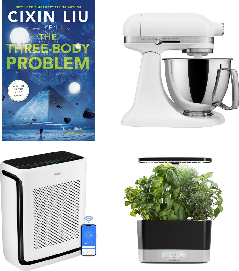 four items that are on sale at Amazon for Prime Day: The Three-Body Problem by Cixin Liu, a KitchenAid mixer, an air purifier, and an indoor hydroponic garden