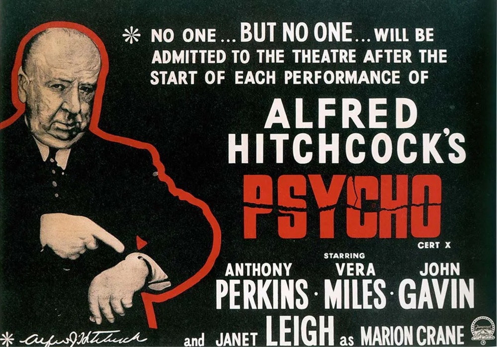 a movie poster for Alfred Hitchcock's Psycho that states that on one will be admitted to the theater after the movie had started
