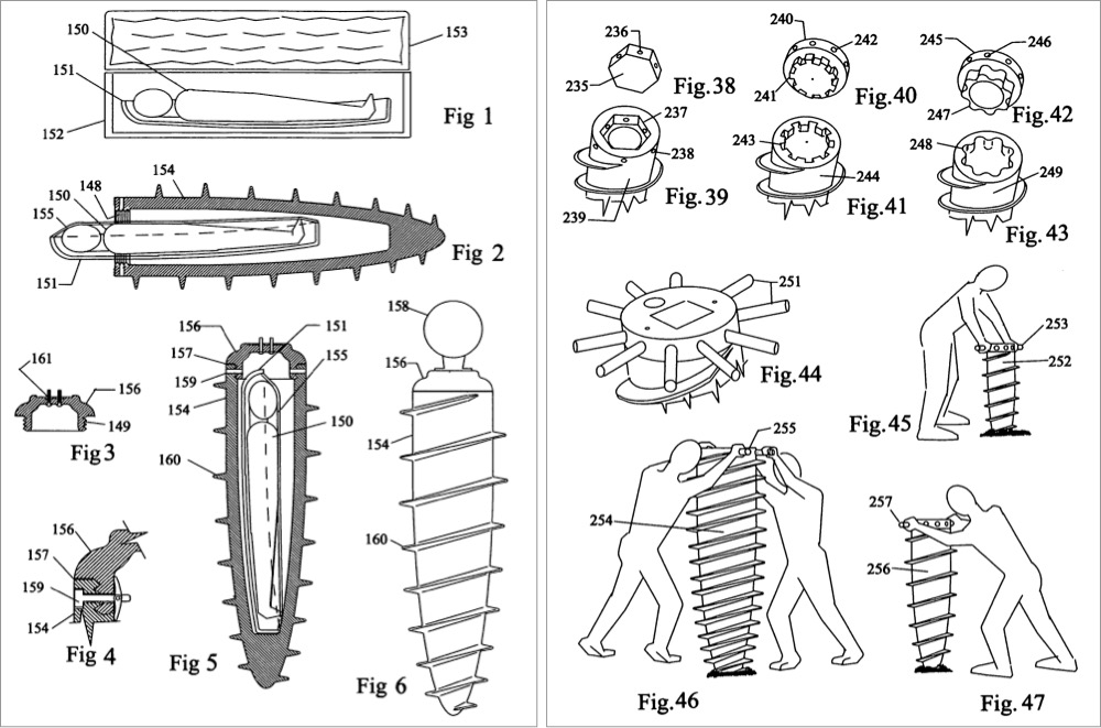 patent drawings for a coffin that you can screw into the ground