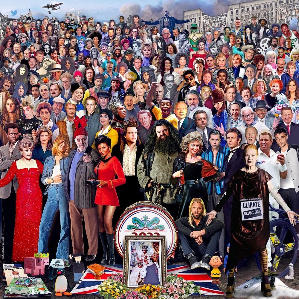 a collection of celebrities who died in 2022, arranged like the cover of the Beatles Sgt Peppers album