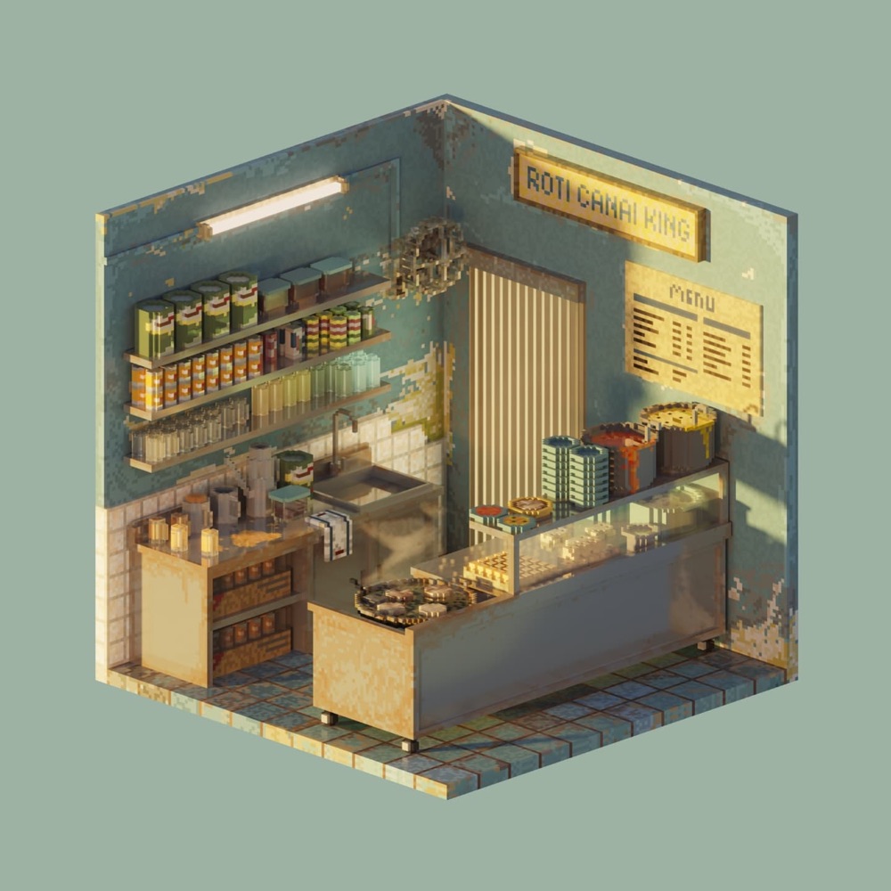 3D pixel illustration of a Malaysian hawker stall