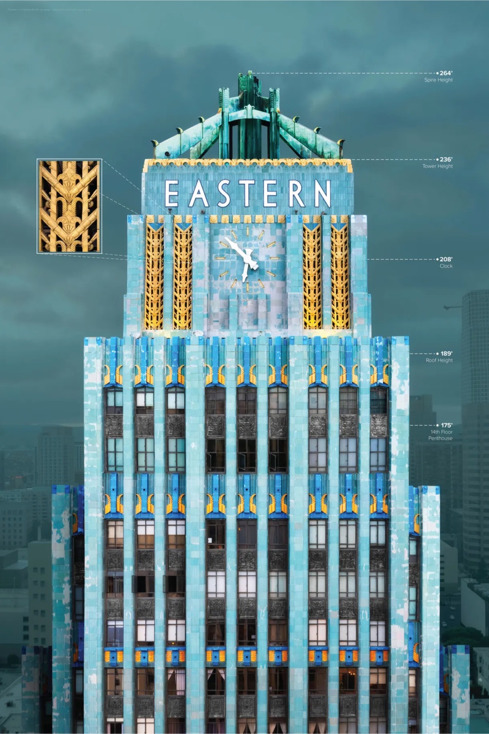 photo of the top of the Eastern Columbia Building in Los Angeles