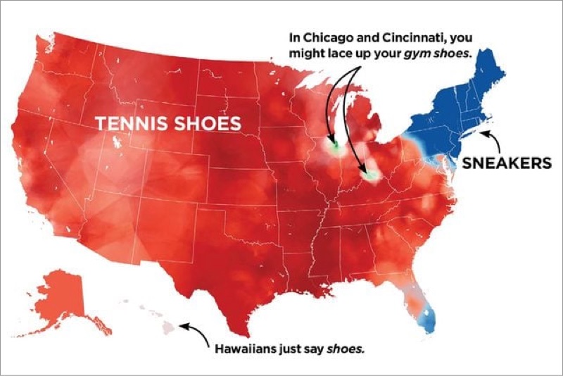 a map of the USA indicating which terms people use for athletic shoes