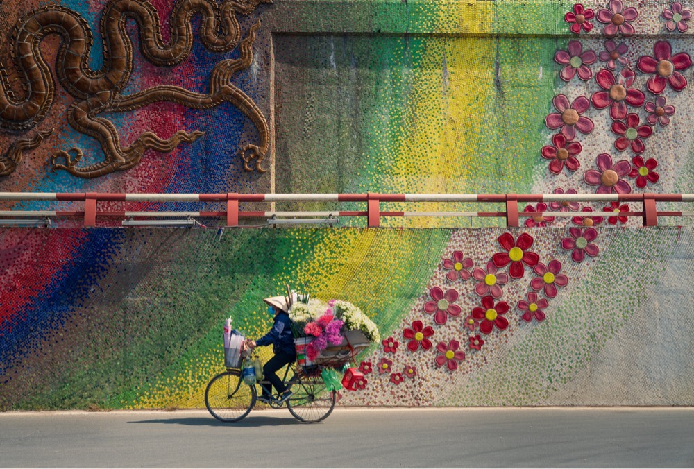 a woman rides a bicycle filled with flowers on the back past a painting of flowers on a wall