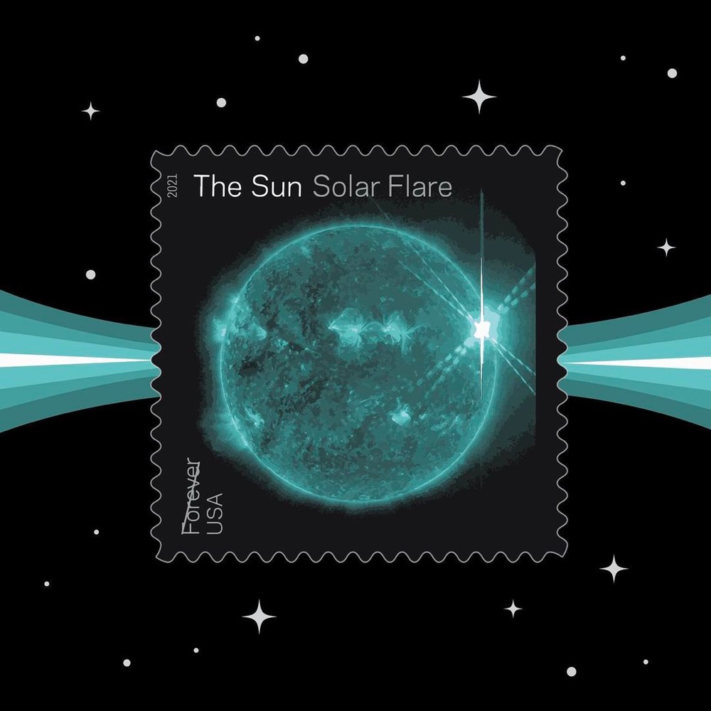 postage stamp with an image of a solar flare from the Sun