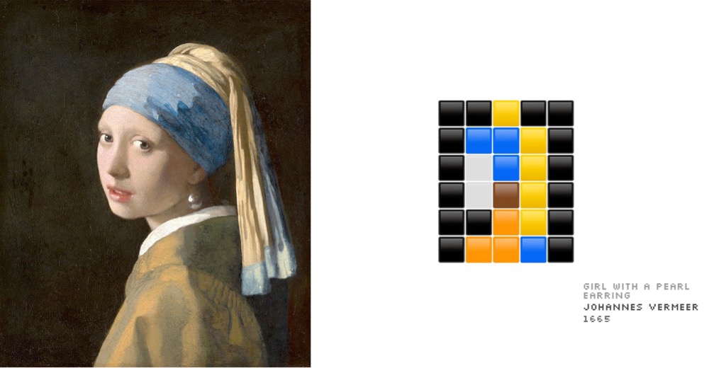 Vermeer's Girl with a Pearl Earring rendered in a 5x6 pixel grid