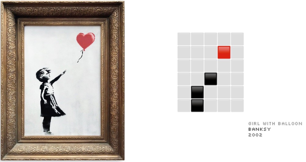 Banksy's Girl with Balloon rendered in a 5x6 pixel grid