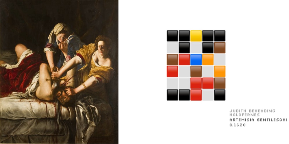 Gentileschi's Judith Beheading Holofernes rendered in a 5x6 pixel grid